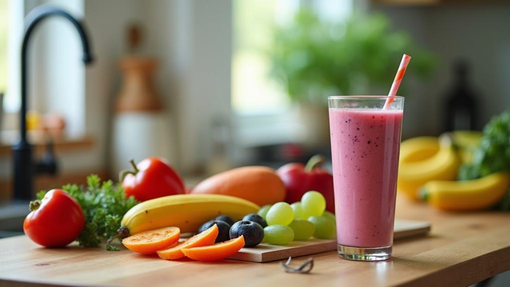 A vibrant array of fresh fruits and vegetables, including bananas, grapes, oranges, and bell peppers, surrounding a glass of pink smoothie on a wooden kitchen counter, representing healthy nutrition for physical fitness.