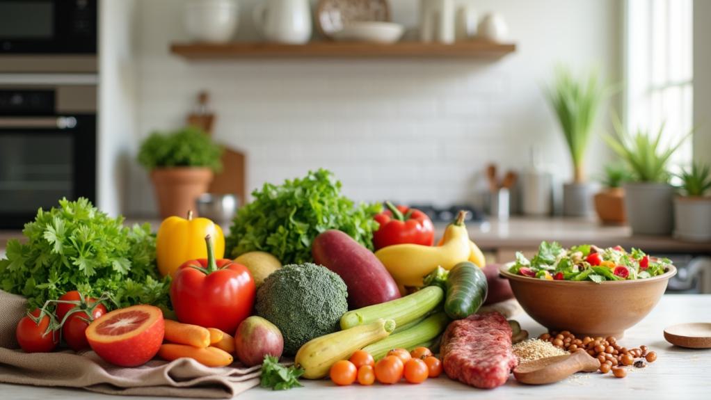 A kitchen countertop displaying a variety of colorful fresh vegetables and fruits, including broccoli, peppers, zucchini, and oranges, along with a bowl of mixed salad, symbolizing strategies for healthy weight management.